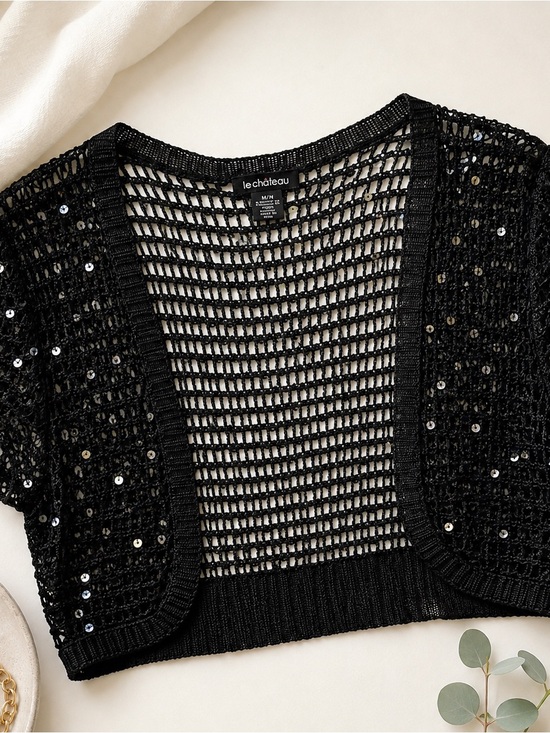 le chateau Sweaters - Le Château Black Sequin Open Knit Cropped Cardigan Shrug M